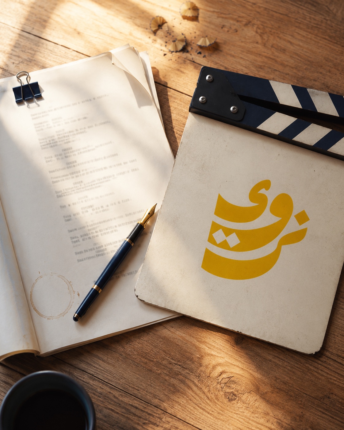 سيناريو مفتوح وقلم ولوح لقطة يحمل شعار نَروي
