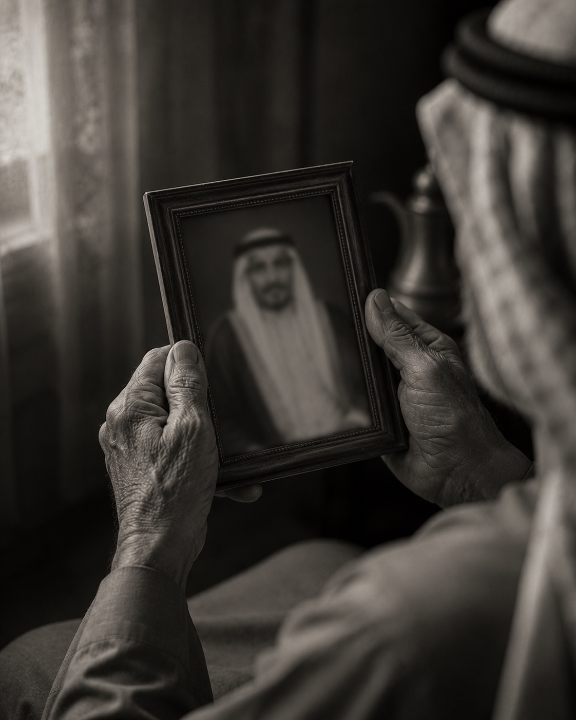 يدان مسنّتان تحملان صورةً قديمة مؤطّرة