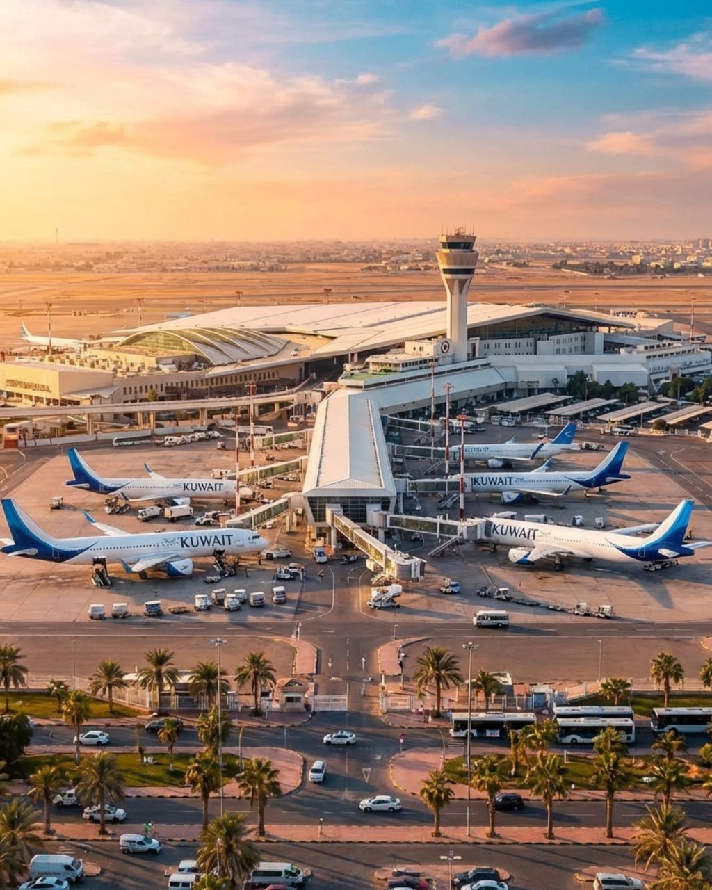 مطار الكويت الدولي عند الغروب